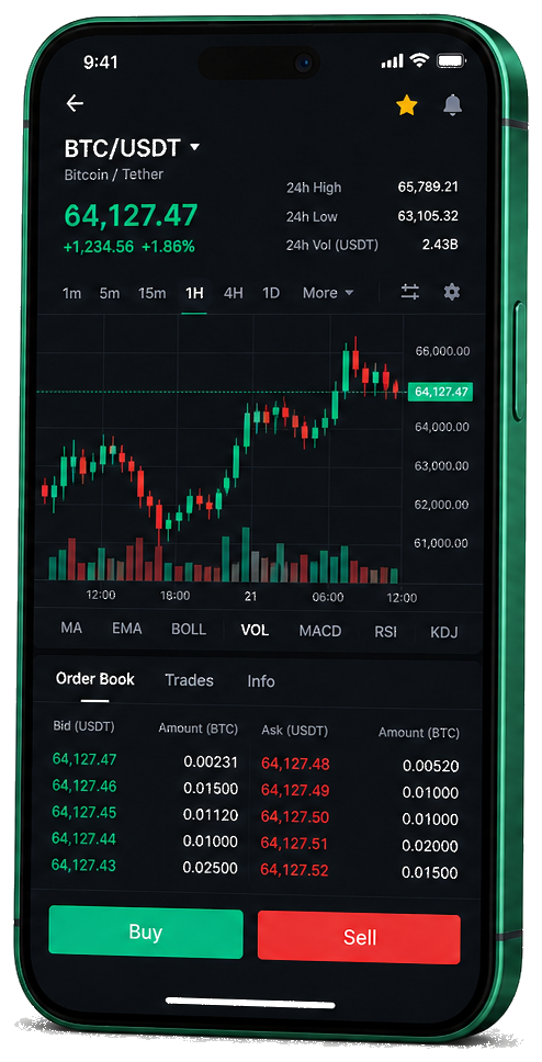 Application mobile de trading Rente Lucavie — graphique du BTC/USDT en temps réel, carnet d'ordres et interface de trading